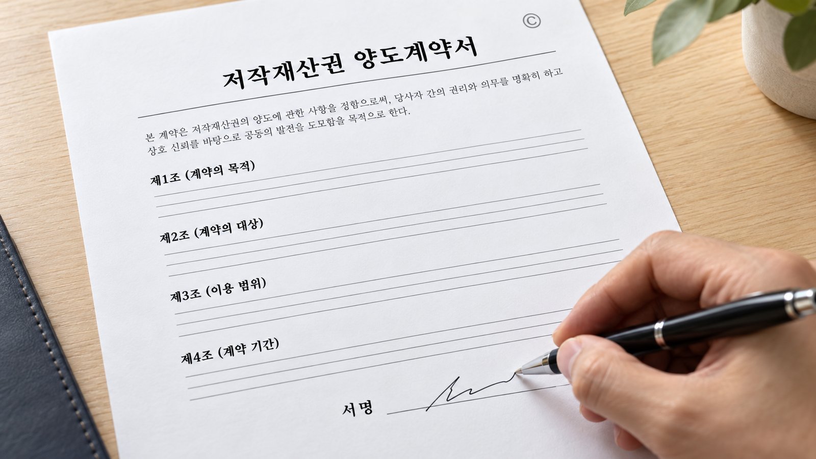 저작재산권 양도계약서에 서명하는 모습