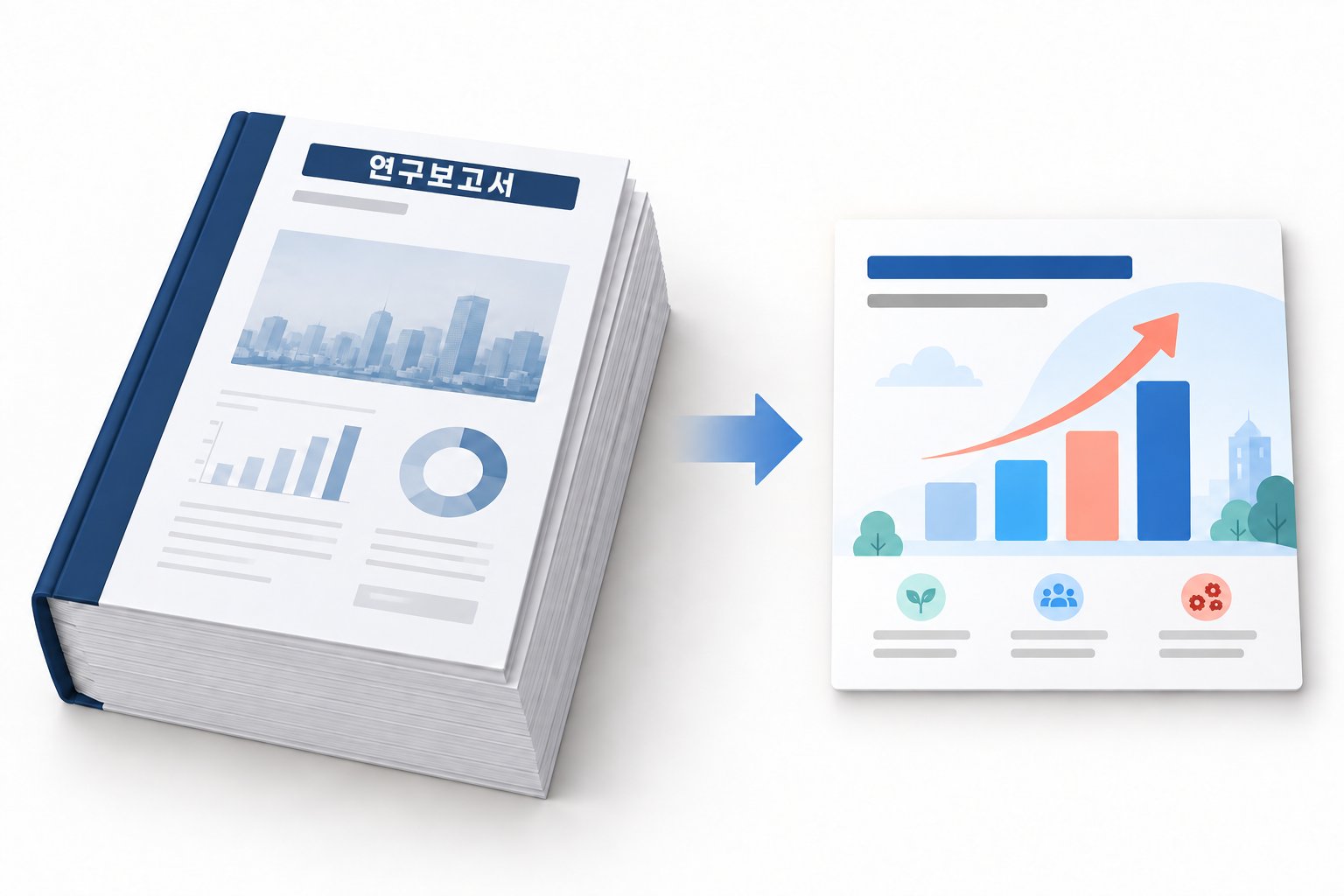 두꺼운 연구보고서가 콘텐츠 카드로 바뀌는 과정을 나타낸 일러스트